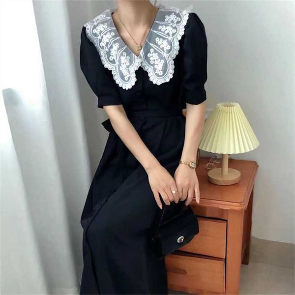 

black sweet girls lace brief lace-up chic all match summer short sleeves elegance long dresses vestidos 210525, Black;gray
