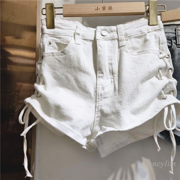 

women's shorts summer women fashion cute drawstring jeans short slim high waist all-matching white blue grey nancylim, White;black