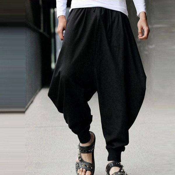 

hip hop baggy cotton linen men haroon pants casual cool elastic waist loose homme streetwear sweatpants male joggers men's, Black