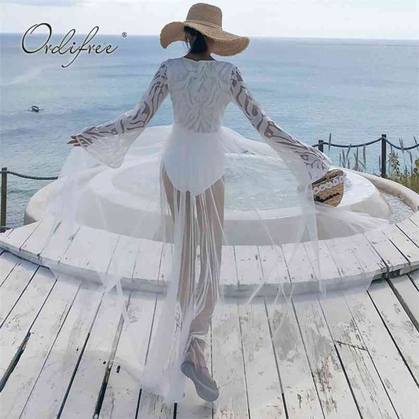 

summer women maxi tulle dress long sleeve white tunic beach 210513, Black;gray