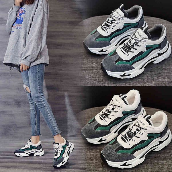 

2021 spring and winter leather plush sneakers women's thick soled versatile trendy shoes students' casual dad, Black;white