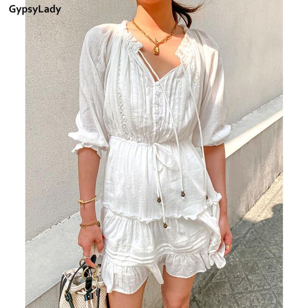 

casual dresses gypsylady white lace mini dress 100% cotton crochet chic holiday women ruffles hollow up boho ladies female, Black;gray