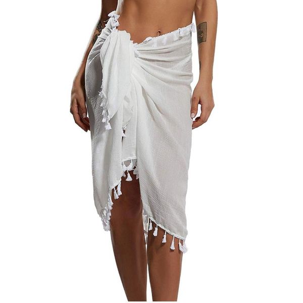 

women's swimwear beach wrap scarf shawl cover ups women solid color tassel mini skirts lace-up sunscreen bikini up beachwear, White;black