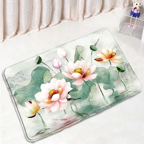 

bath mats pink lotus flower green leaves chinese style floral bird bedroom door rug bathroom foot mat non-slip carpet home decor