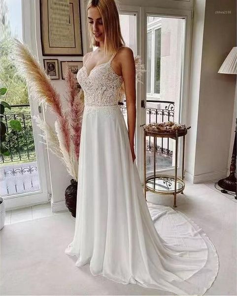 

other wedding dresses 9801#ivory chiffon lace sweetheart spaghetti straps sweep train a-line sleeveless bridal gowns1, White