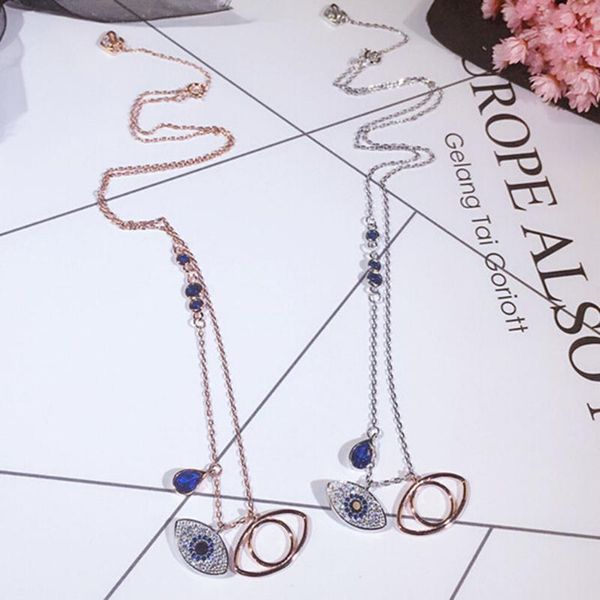 

pendant necklaces 1pcs famous design double blue eyes short necklace for women gold color cubic zirconia charm jewelry, Silver