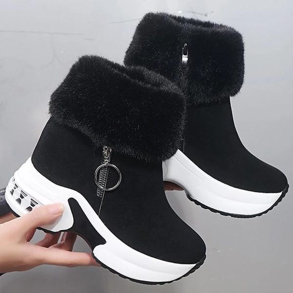 

boots women ankle winter short fashion zip plush platform shoes ladies snow suede, Black