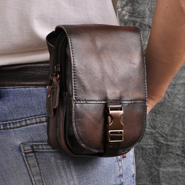 

real leather cowhide retro men design casual daily use small fanny waist belt bag hook pack fashion 6" phone case pouch 6185-dc