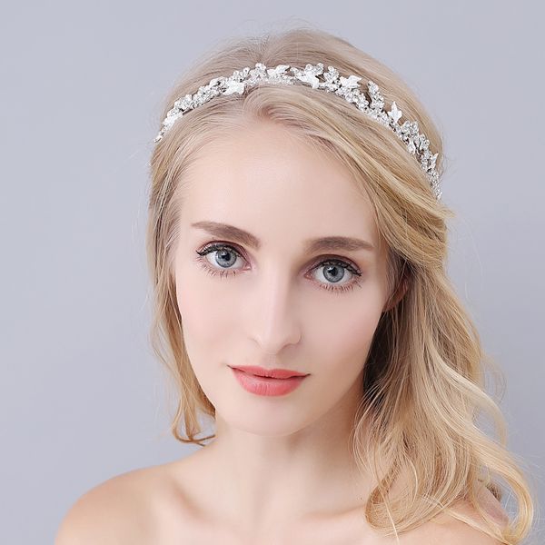 

o941 luxury women wedding bridal headpiece crystal rhinestone silver maple leaves marriage pageant bride headband with ribbon