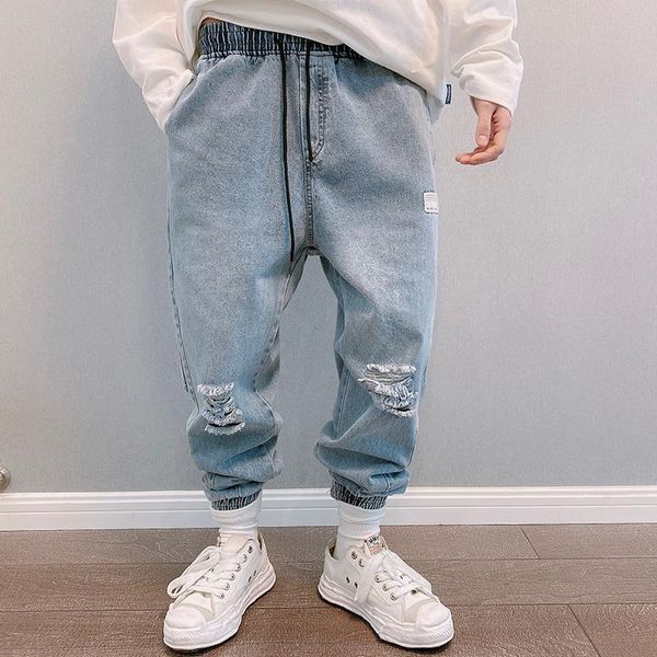 

men's washed denim casual jeans harem pants holes blue gray trousers e23