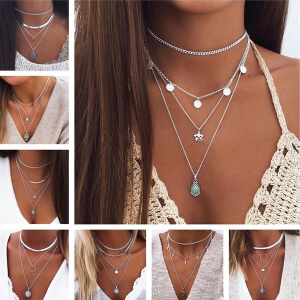 

earrings & necklace bohemian multi layered for women vintage portrait coin star moon pendant geometric collier collares 2021, Silver