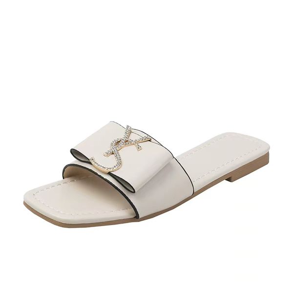 Dropship TX001 Summer Fashion Pantofole Sandali con Fondo Piatto da Donna Bianco Blu Rosa Pelle PU + Metallo Lettera YS per Infradito da Esterno