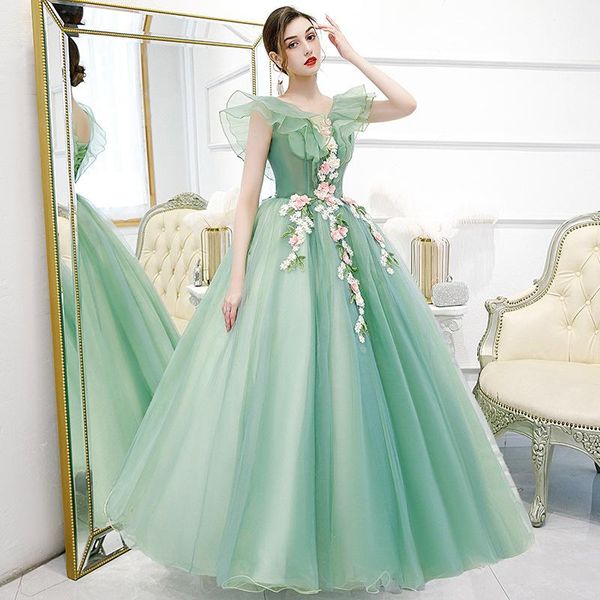 

ethnic clothing green mesh ball gown bride wedding party dress butterfly sleeve v-neck cheongsam flower appliques qipao bandage fairy vestid, Red