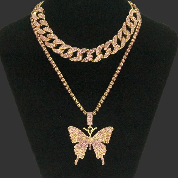 

pendant necklaces andshiny punk cuban chain double layer bling butterfly necklace zircon golden choker thick charm jewelry, Silver