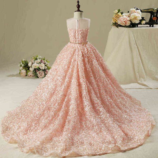 Blumenmädchenkleid Hochzeit Prinzessin Rosa Spitze Lange Schleppe Kleid Mädchen Party Kommunion Kleid Kinder Geburtstag Kleidung Nach Maß G1218