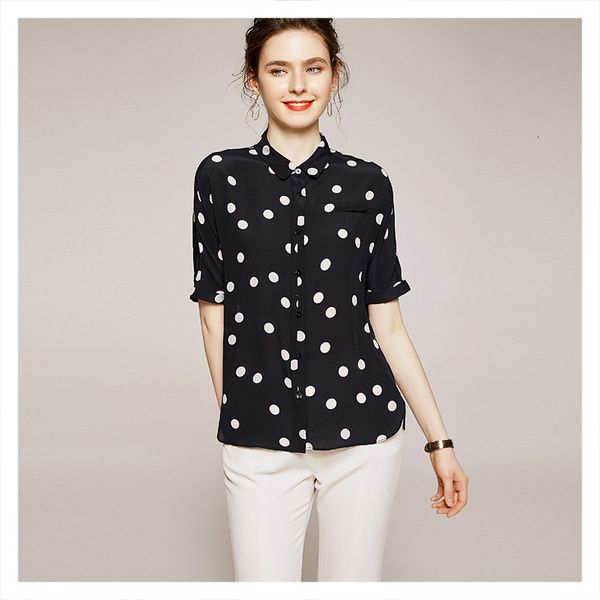 

blouses 2021 summer women's elegant silk dot prints lapel straight blouse, White