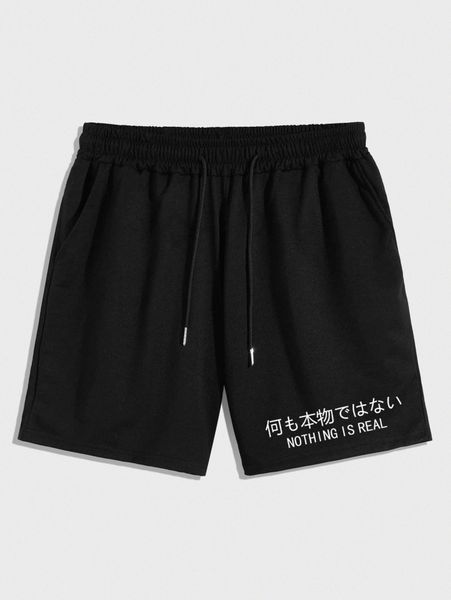 

romwe guys slogan drawstring shorts j6ac#, Black