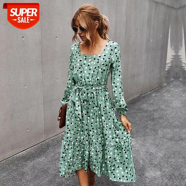 

2020 new autumn winter elegant square collar dot print dress women full sleeve slim bandage midi dress female office lady #la8y, White;black