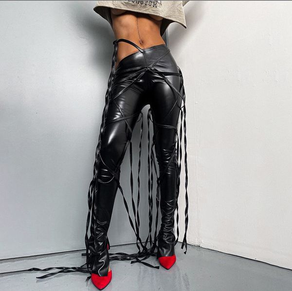 

jean women's fake leather pants from the plutonium high elastic waistband night club outfits feminine drawing pencil ribbon bandage lac, Blue