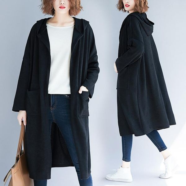 

women's trench coats korean-style fashion solid color fat sister l women long hooded coat knitted cardigan, Tan;black
