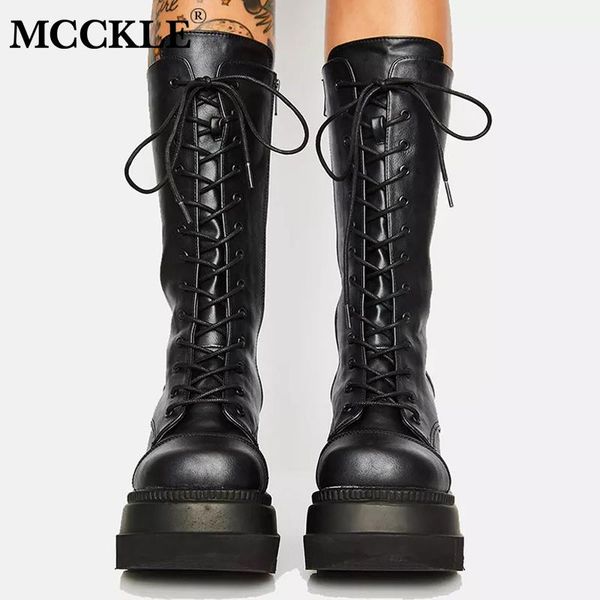 

boots mcckle women's mid calf women slip-on plaform wedges shoes ladies pu leather autumn winter footwear female fashion 2021, Black