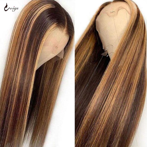 

highlight wig human hair wigs for women straight lace front 5x5 closure ombre pre plucked uwigs1, Black;brown
