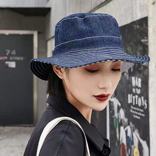 

spring women's denim bucket hat chic korean double-side panama caps for women summer sun protection hats wide brim, Blue;gray