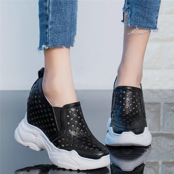 

boots fashion sneakers women genuine leather wedges high heel ankle female breathable pumps shoes casual summer creepers, Black