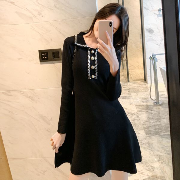 

dress women autumn winter sweater slim a-line long sleeve hit turn-down collar buttons knee-length black knit robes, Black;gray