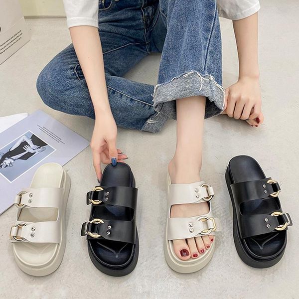 

slippers women 2021 summer outdoor beach chunky shoes casual flat metal buckle leather black beige platform slides