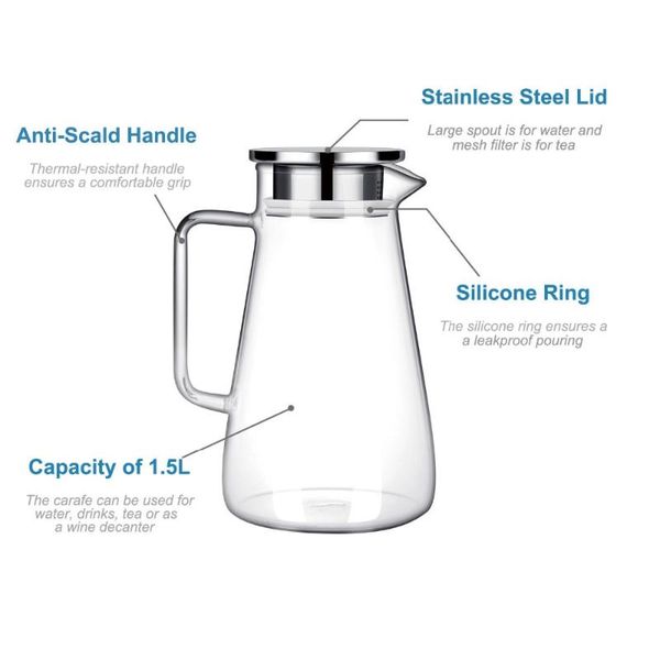 

water bottles glass pitcher 1500ml jug juice carafe with stainless steel lid