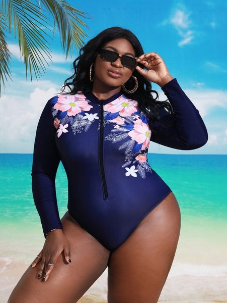 

plus floral print zipper front one piece swimsuit g60b#, Black
