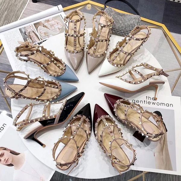 

home rivet pointed high-heeled sho women's 2021 summer leather bandage, thin heel one-line buckle baotou liuding sandals, Black