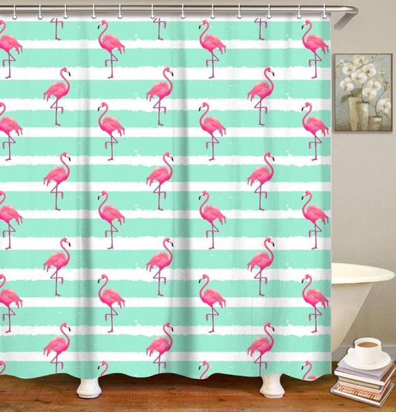 

shower curtains pink flamingo curtain with 12 hooks mint green and white striped fabric bathroom tropical decorative bath