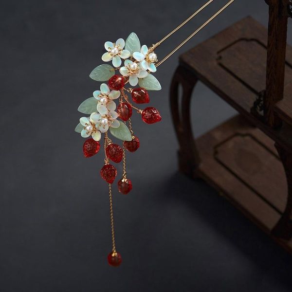 

hair clips & barrettes chinese long stick tiara headpiece women accessories crystal strawberry flowers pins handmade jewelry, Golden;silver