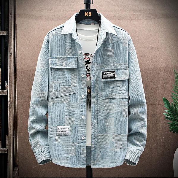 

men's jackets hip hop plaid denim jacket men turn-down collar retro jeans slim fit 2021 autumn streetwear mens, Black;brown