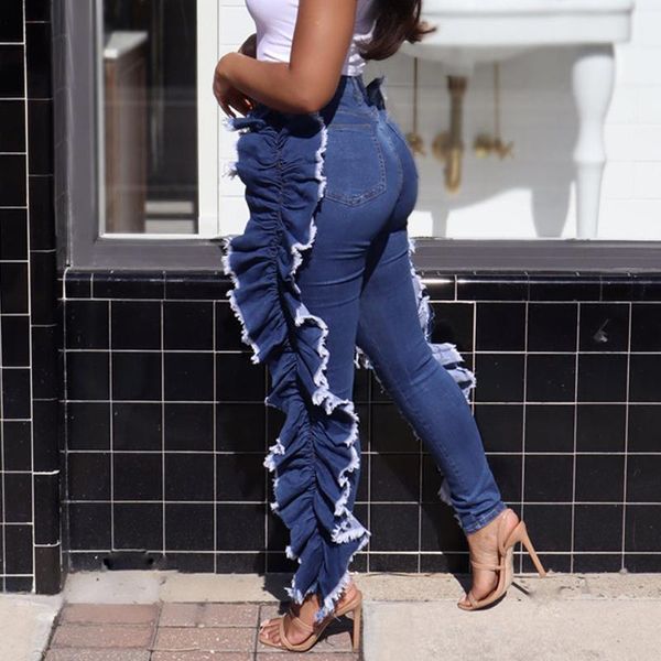 

women's pants & capris 2021 arrival women fashion hole denin high waist ruffle skinny jeans casual trousers female streetwear bottom, Black;white