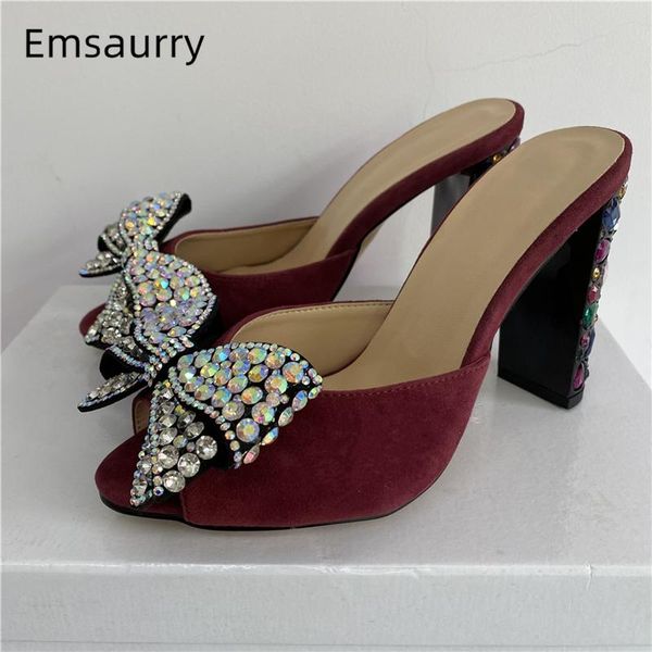

sandals luxury rhinestone butterfly-knot women colorful diamond high heel peep toe suede slingbacks mules lady summer, Black