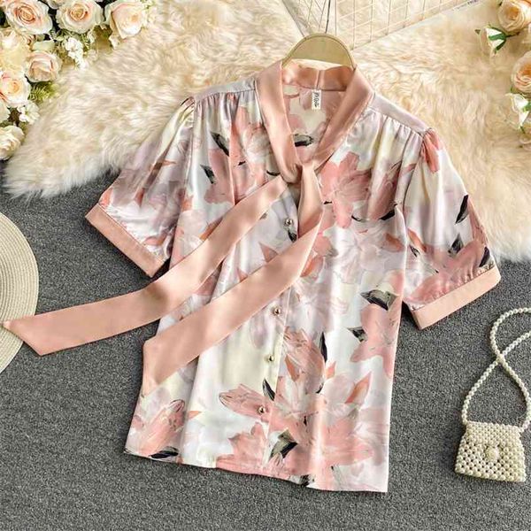 Verão Mulheres Camisa de Manga Curta Camisa Bow-amarrada Cópia Floral Print Loose Top Single Single Stexted Casual Feminino Chiffon 210603