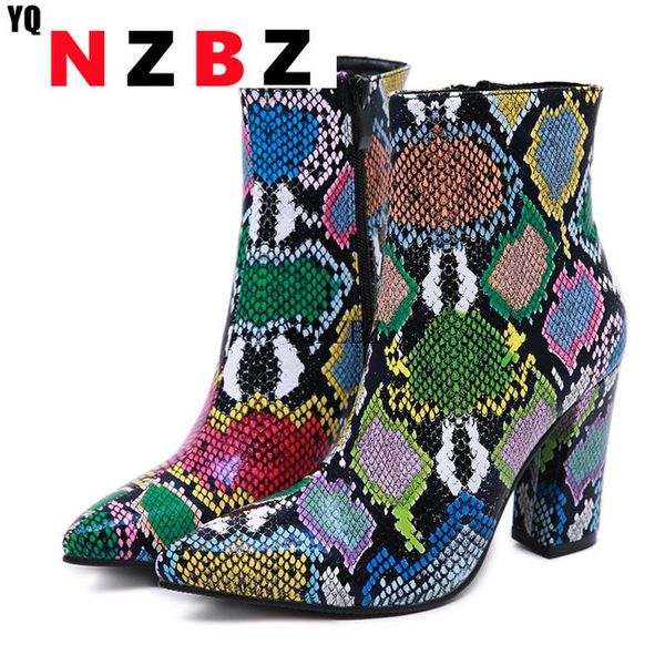 

boots yqnzbz 2021 women ankle fashion green snake grain booties winter female pointed toe high heels ladies zip shoes, Black