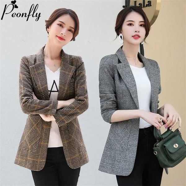 

peonfly vintage office lady notched collar plaid women blazer single button autumn jacket casual pockets female suits coat 211006, White;black
