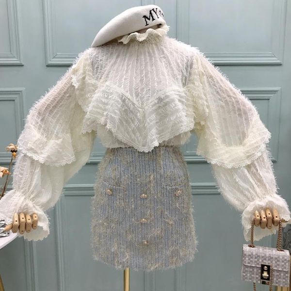 

two piece dress [ewq] 2021 spring summer sweet turtleneck lantern sleeve loose women's shirt high waist plush all-match skirt qx15800l, White