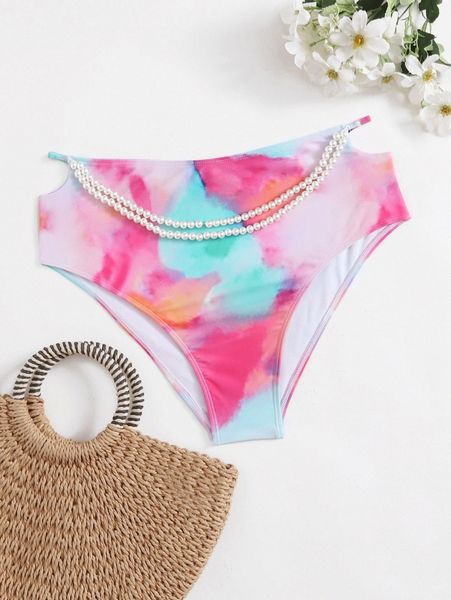 

plus tie dye faux pearl decor bikini panty k5nr#, Black