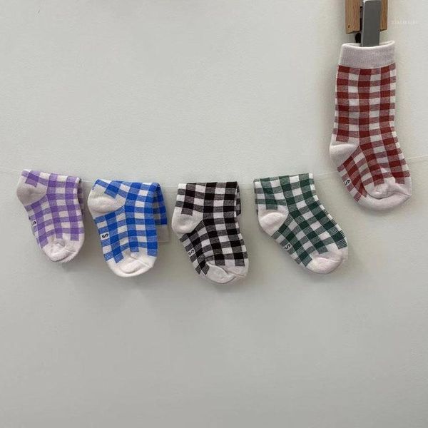 

socks kids baby boy girl plaid mid-calf length sock autumn winter infant grid children's 5pcs, Pink;yellow