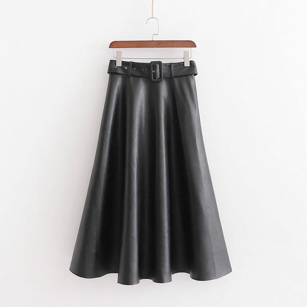 

skirts 2021 women leather pleated midi skirt winter chic black slashes a-line high waist basic casual tide