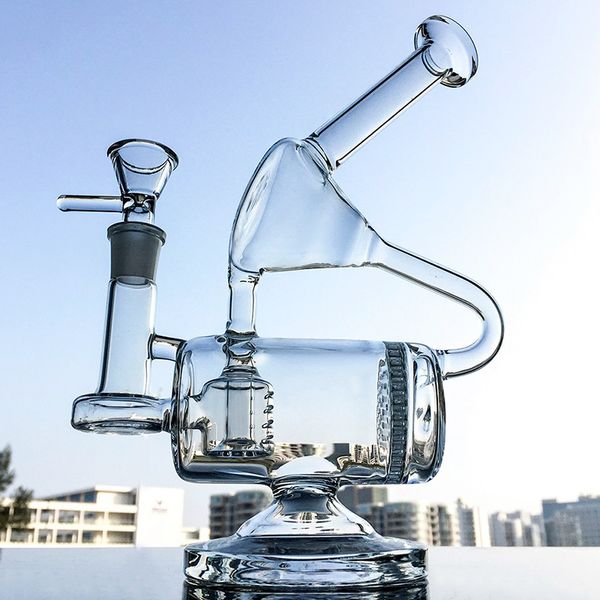 Einzigartige Wasserpfeifen, spezielle große Glasbong, 9-Zoll-Wasserpfeife, große Recycler-Dab-Rig-Kamm-Perclator-Bongs, Inline-Perc-Öl-Rigs, 14-mm-Verbindung, Rauchpfeifen mit Schüssel