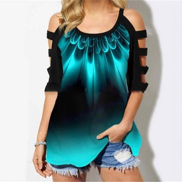 

fashion women t-shirt printed off shoulder short sleeve o neck blouse casual hollow out tee plus size loose party women's, White