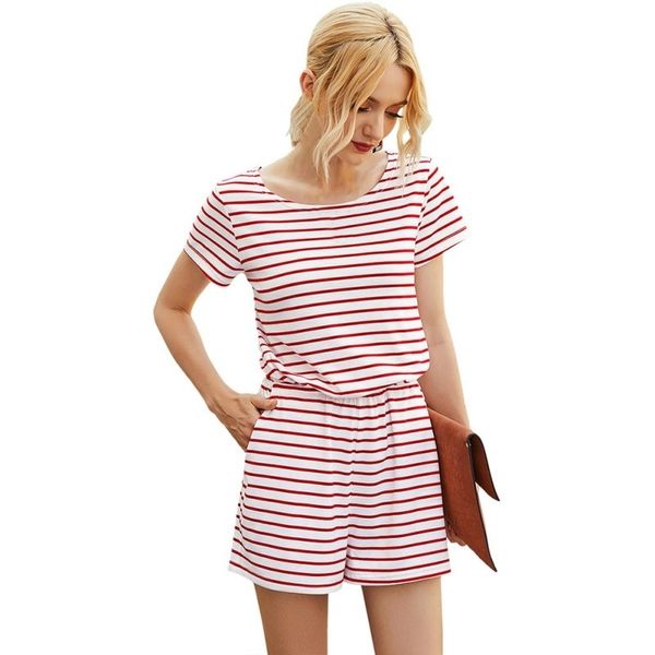 Verão Mulheres Casual Stripe Stripe Redondo Pescoço Housewear Senhora Manga Curta T-shirt Uma peça Shorts Pequeno fresco X0526