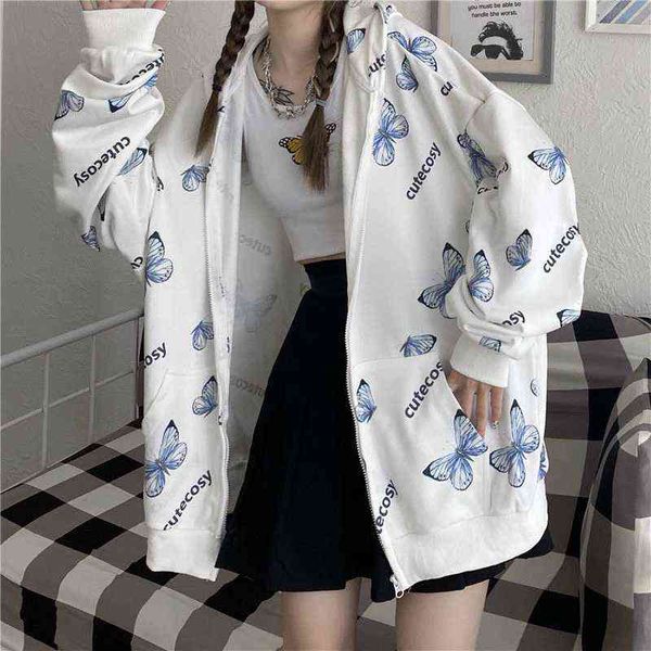 

summer harajuku butterfly hoodie with zipper women sweatshirt 2021 spring oversized hoodies outerwear plus size, Black