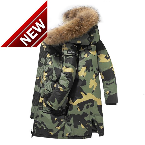 

90% white duck down jacket men winter -30 degrees thick warm parkas hooded coat casual fur collar camouflage windbreaker, Black